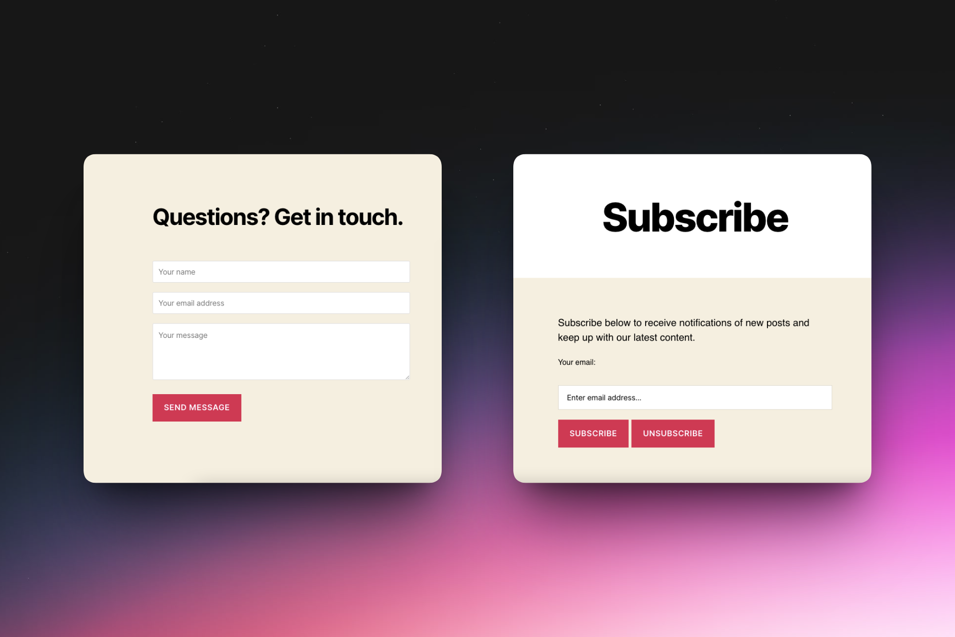 Forms and Widgets: Streamlined interactions engineered for precision and ease.